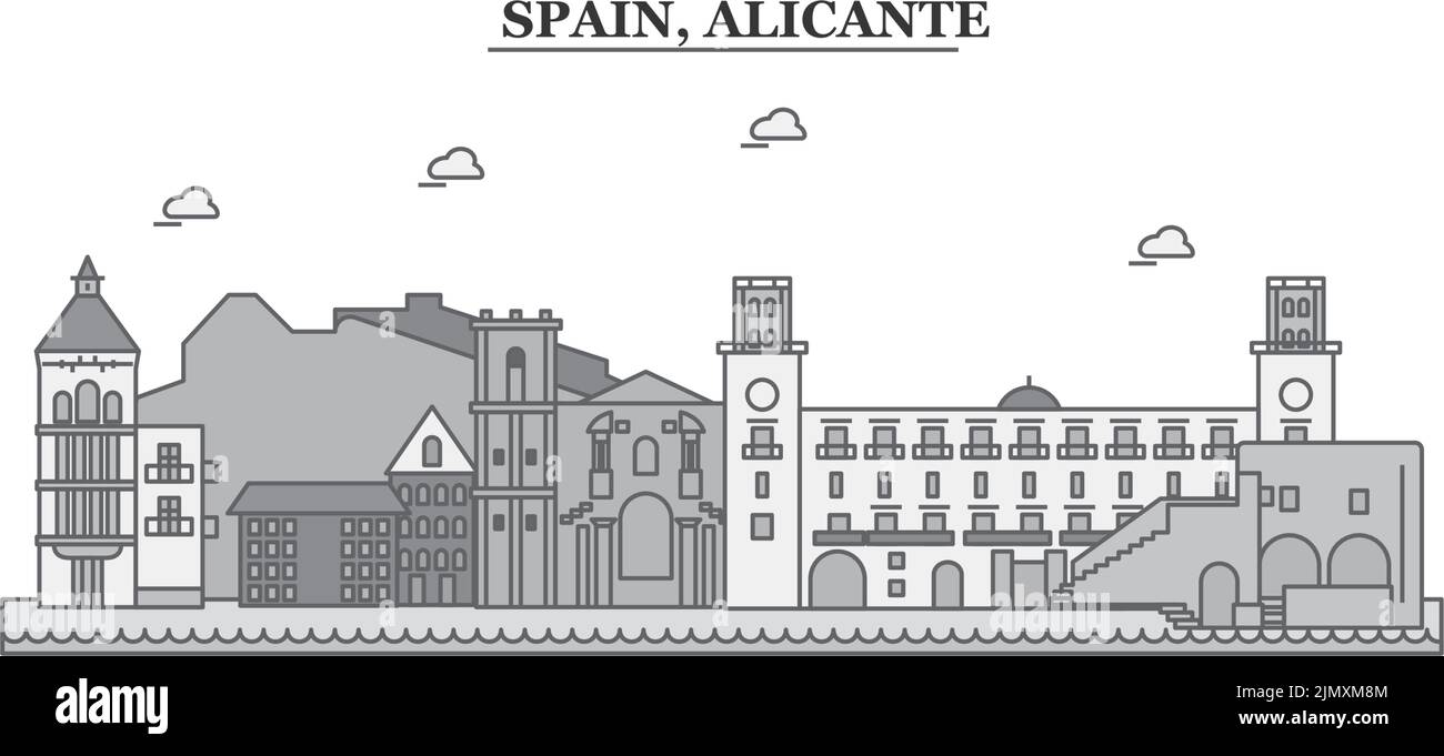 Spagna, Alicante città skyline isolato vettore illustrazione, icone Illustrazione Vettoriale