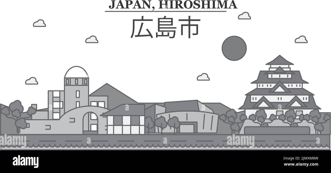 Giappone, Hiroshima città skyline isolato vettore illustrazione, icone Illustrazione Vettoriale