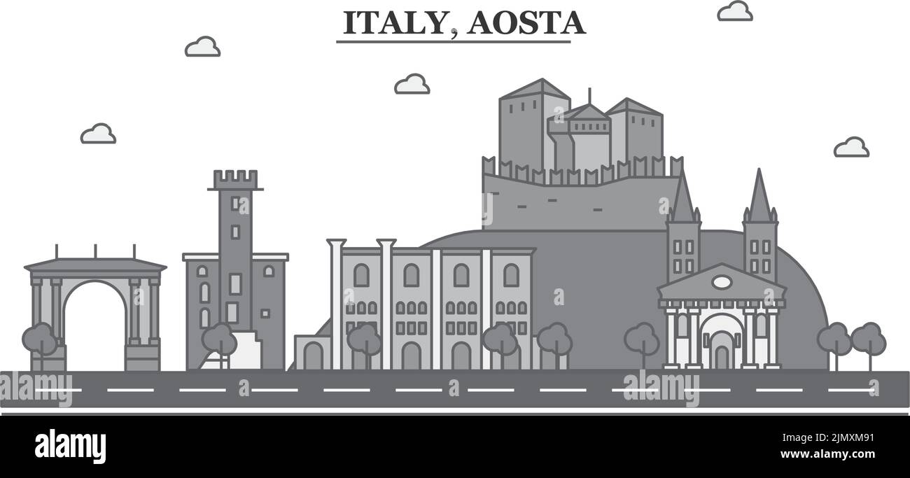 Italia, città di Aosta skyline isolato vettore illustrazione, icone Illustrazione Vettoriale