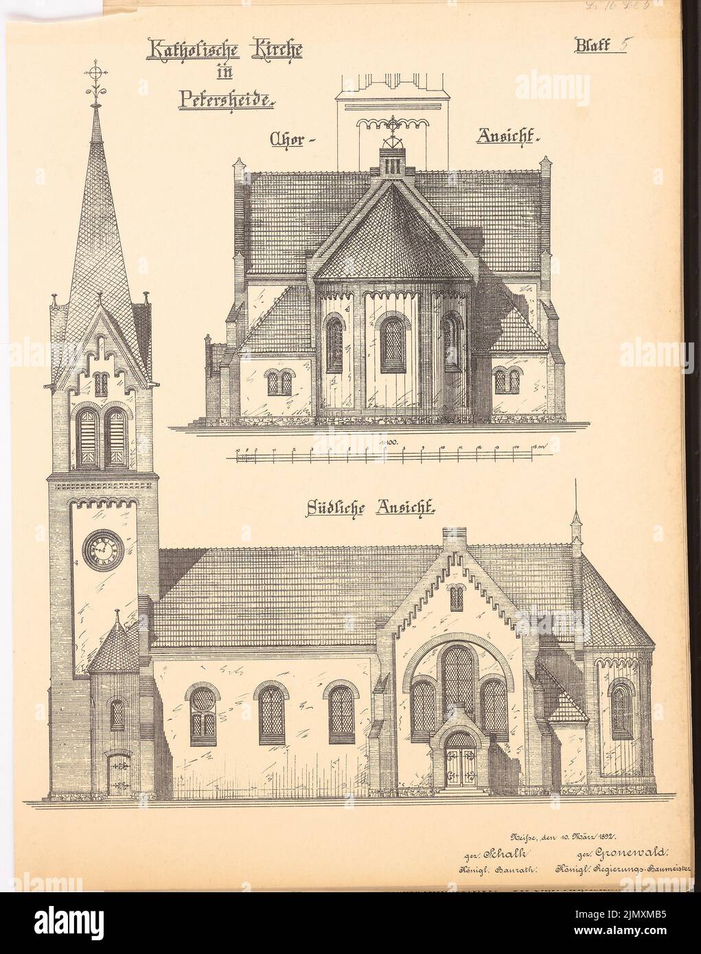 Architetto sconosciuto, Chiesa cattolica a Petersheide (ca 1892): Vista coro e vista sud 1: 100. Litografia su carta, 47,9 x 37,6 cm (inclusi i bordi di scansione) Foto Stock Architetto sconosciuto, Chiesa cattolica a Petersheide (ca 1892): Vista coro e vista sud 1: 100. Litografia su carta, 47,9 x 37,6 cm (inclusi i bordi di scansione) Foto Stock