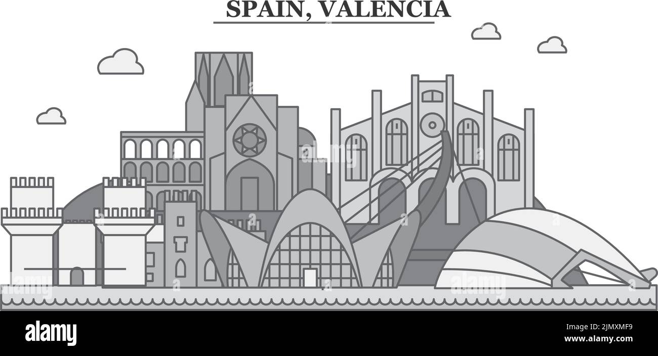 Spagna, Valencia città skyline isolato vettore illustrazione, icone Illustrazione Vettoriale