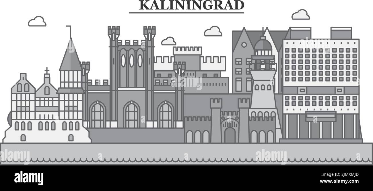 Russia, Kaliningrad città skyline isolato vettore illustrazione, icone Illustrazione Vettoriale