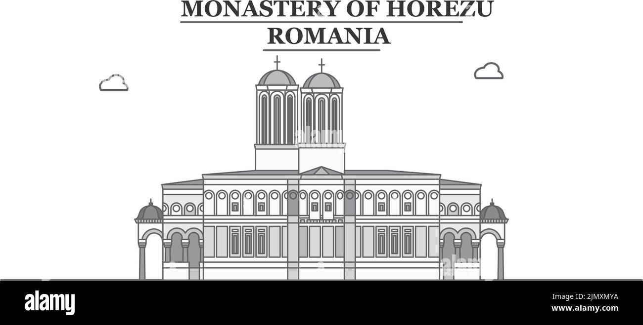 Romania, Monastero di Horezu skyline città isolato vettore illustrazione, icone Illustrazione Vettoriale