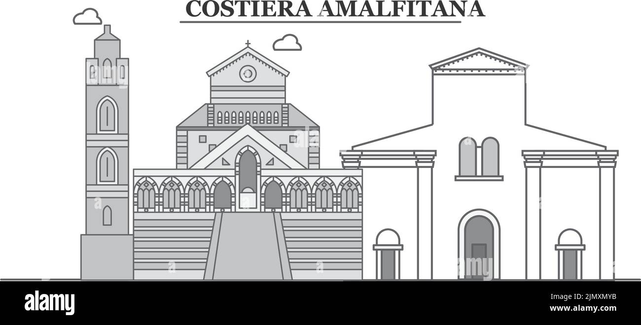 Italia, Costiera Amalfitana skyline città isolato vettore illustrazione, icone Illustrazione Vettoriale