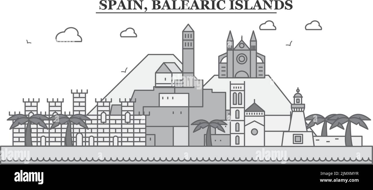Spagna, Isole Balearis skyline città isolato vettore illustrazione, icone Illustrazione Vettoriale