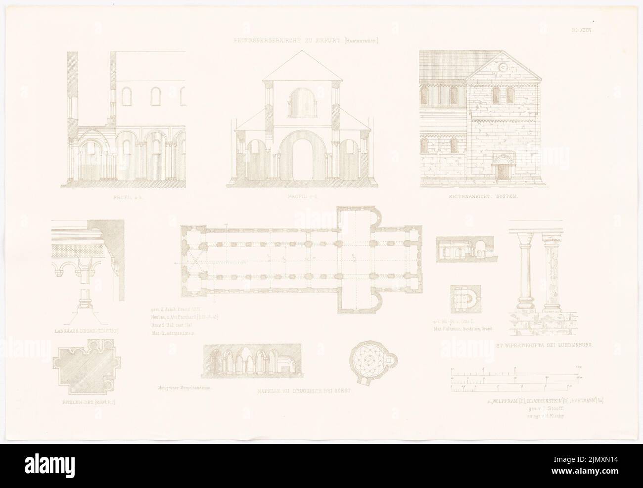 N.N., chiesa di Petersberg a Erfurt. (Da: Altchristl. U. Roman. Edificio, ed. V. uscita carattere d.. Stud BERLINO, 1875) (1875-1875): Vista laterale, pianta del pavimento, dettagli. Stampa su carta, 35,8 x 51,8 cm (inclusi i bordi di scansione) Foto Stock