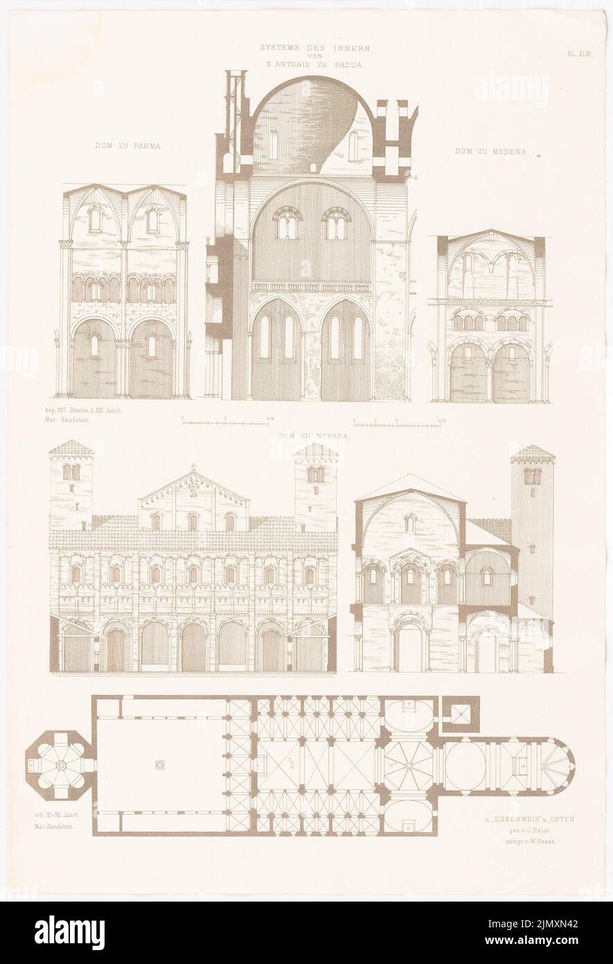 N.N., S. Antonio zu Padova. Cattedrale di Parma. Cattedrale di Modena. Cattedrale di Novara. (Da: Altchristl. U. Roman. Edificio, ed. Carattere eccesso D. Stud D. TH Berlin, (1875-1875): Interni Padova, Parma, Modena, vista, sezione, Pianta Novara. Pressione sulla carta, 52,5 x 35,8 cm (inclusi i bordi di scansione) Foto Stock