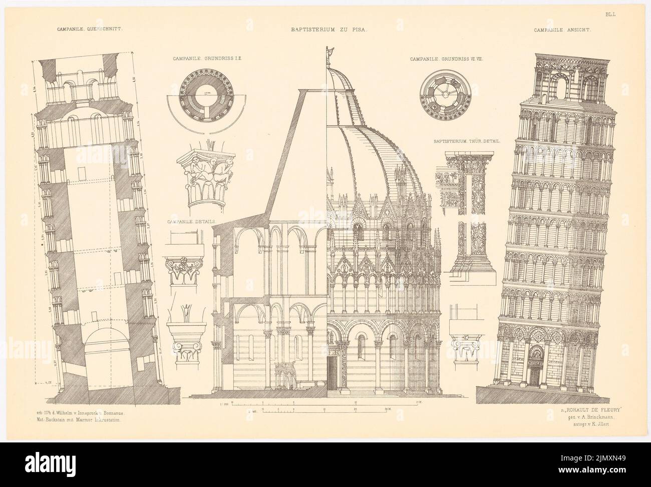 N.N., Campanile e Battistero, Pisa. (Da: Altchristl. U. Roman. Edificio, ed. V. carattere excep. D. Stud Berlino, 1875) (1875-1875): Vista, sezione trasversale, dettagli campanile, sezione trasversale, dettagli battistero. Pressione sulla carta, 36,1 x 53,2 cm (inclusi i bordi di scansione) Foto Stock