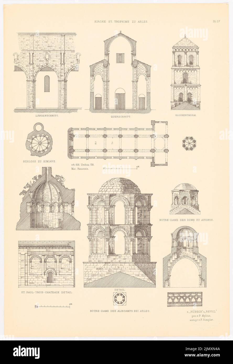 N.N., Chiesa di San Trofimo, Arles. Castello di Simiane. Notre-Dame de Doms, Avignone. San Paolo-Trois-Chateaux. (Da: Altchristl. U. Roman. Edificio, ed. V. Zeic (1875-1875): Sezione longitudinale, sezione trasversale, vista del campanile, pianta del pavimento, viste, dettagli, ecc Notre-lady degli Aliscamps, Arles. Pressione sulla carta, 53,5 x 36,6 cm (inclusi i bordi di scansione) Foto Stock