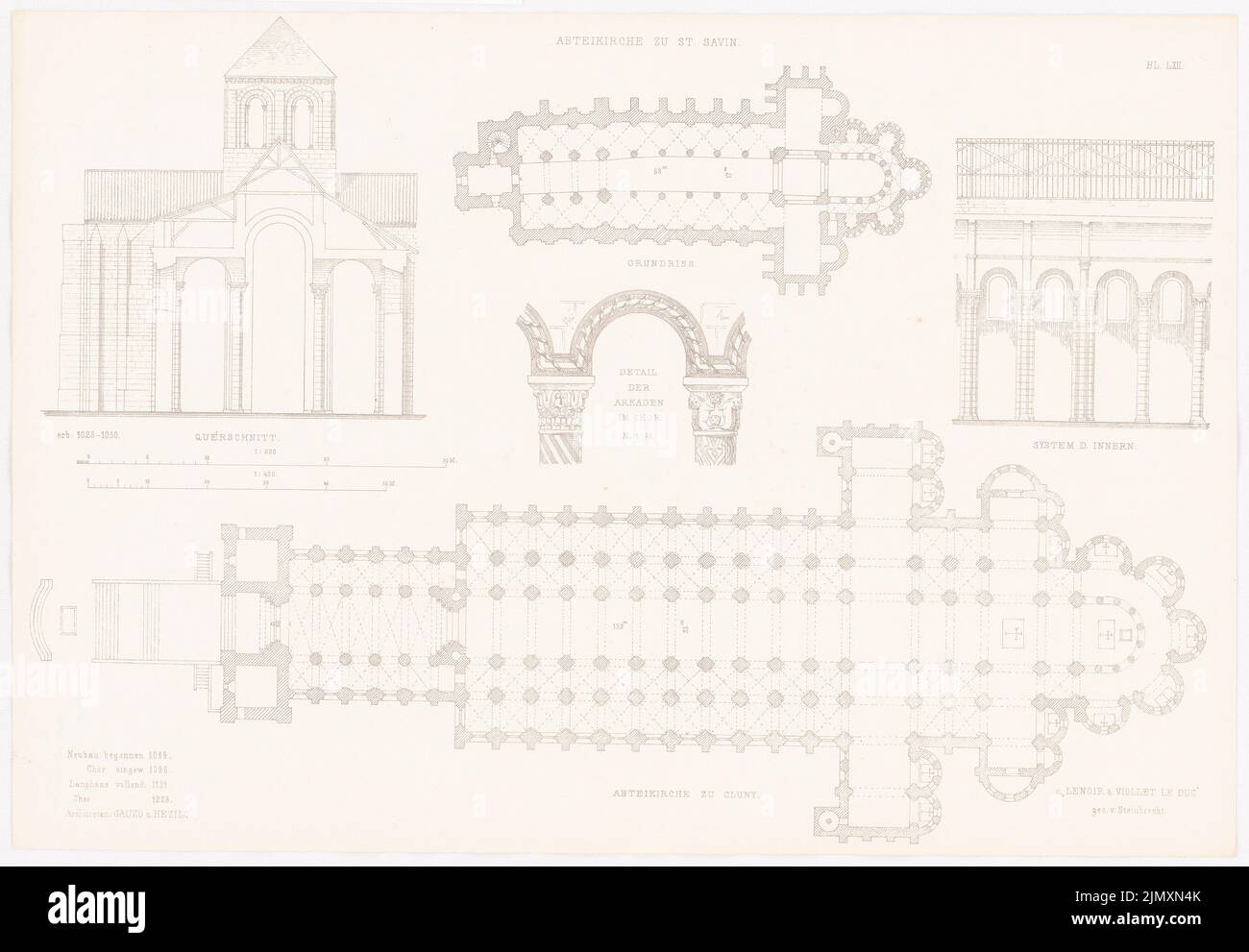 N.N., Chiesa abbaziale di San Savin. Abbey chiesa a Cluny. (Da: Altchristl. U. Roman. Edificio, ed. V. uscita carattere d.. Stud Berlino, 1875) (1875-1875): Sezione trasversale, pianta del pavimento, vista interna, particolare St. Savin, Pianta Cluny. Stampa su carta, 35,9 x 51,8 cm (inclusi i bordi di scansione) Foto Stock