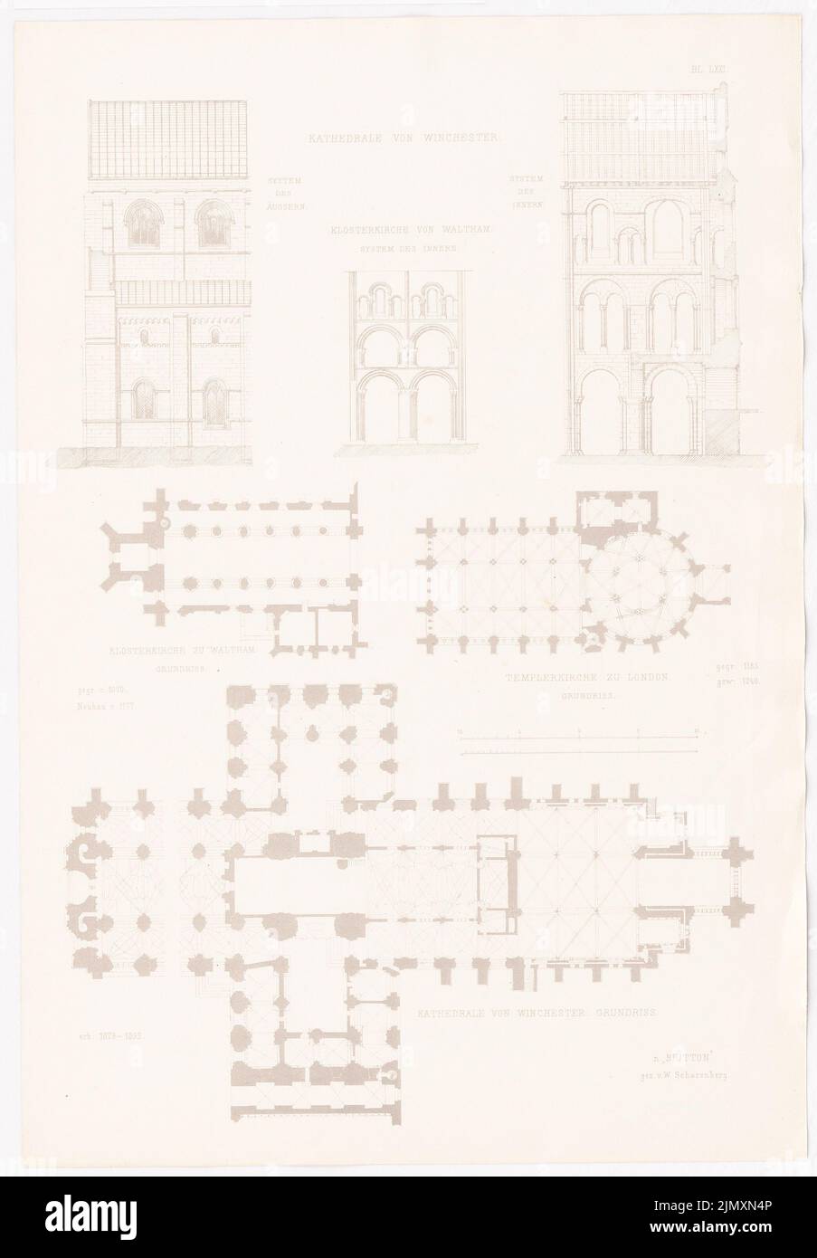N.N., Cattedrale di Winchester. Klosterkirche a Waltham. Chiesa dei Templari a Londra. (Da: Altchristl. U. Roman. Edificio, ed. Carattere eccesso D. Stud D (1875-1875): Vista, vista interna, pianta del pavimento Winchester, pianta del pavimento, vista interna Waltham, Pianta Londra. Pressione sulla carta, 52,2 x 36,3 cm (inclusi i bordi di scansione) Foto Stock