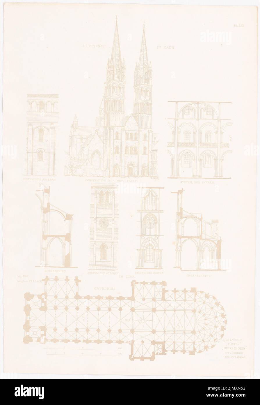 N.N., St. Etienne a Caen. (Da: Altchristl. U. Roman. Edificio, ed. V. uscita carattere d.. Stud Berlino, 1875) (1875-1875): Vista prospettica dell'Ovest, pianta, dettagli. Stampa su carta, 52,2 x 35,9 cm (inclusi i bordi di scansione) Foto Stock