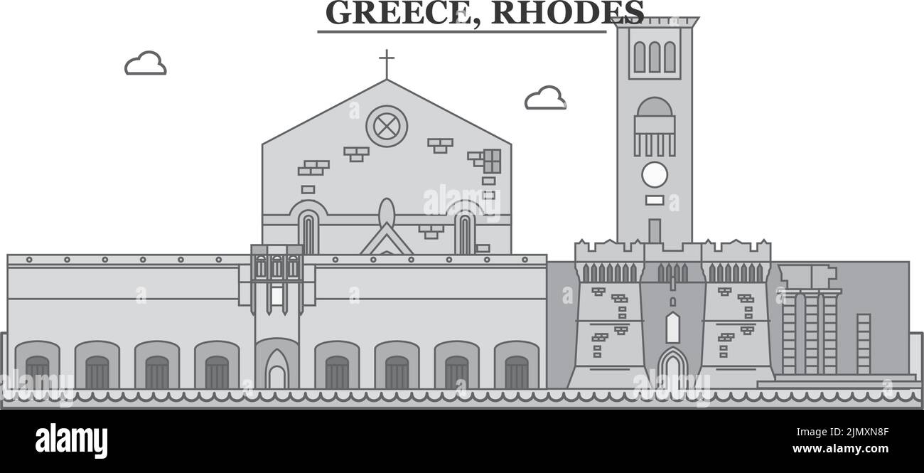 Grecia, Rhodes città skyline isolato vettore illustrazione, icone Illustrazione Vettoriale