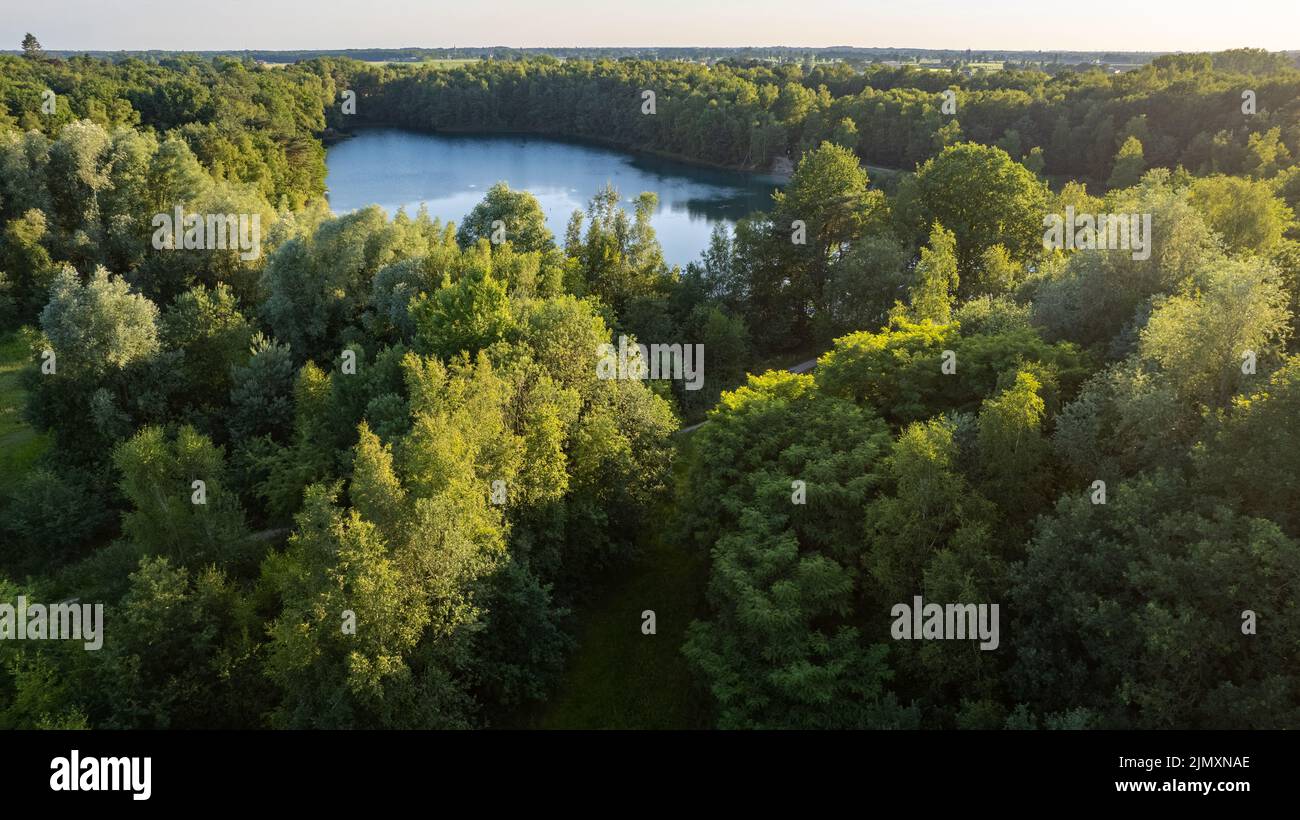 Laghi blu dall'alto. Laghi in verde foresta in sera luce del sole vista aerea drone. Scenico sfondo estivo. Lago pittoresco Foto Stock