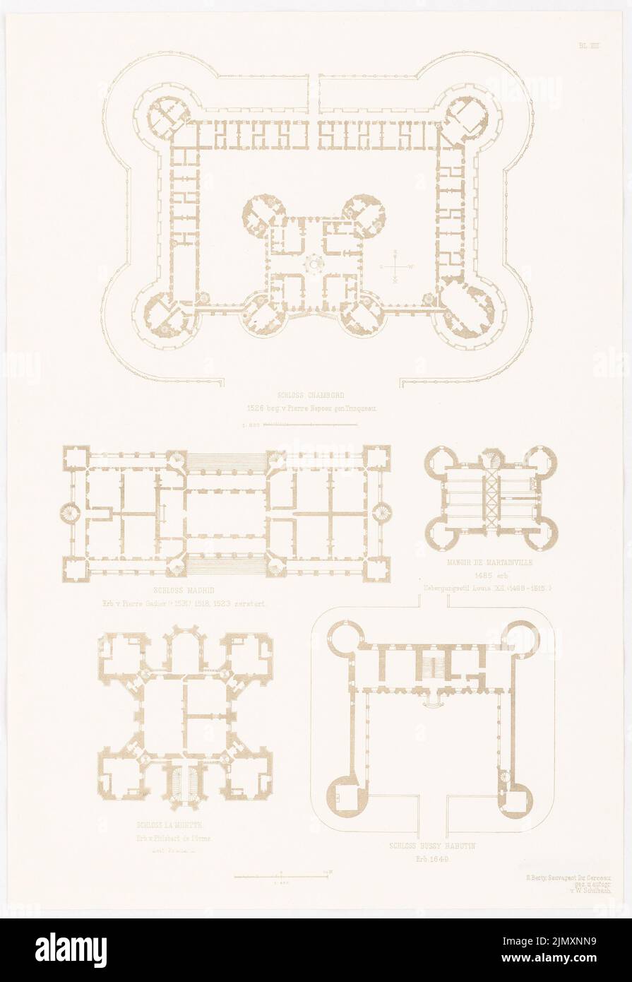 N.N., Castello Chambord. Castello di Madrid. Castello di la Muette. Castello di Bussy Rabutin. (Da: Baukunst d.. Renaissance in Francia, ed. Character output d. St (1875-1875): Piantine. Pressione sulla carta, 52,2 x 35,9 cm (incl Scansione bordi) Foto Stock