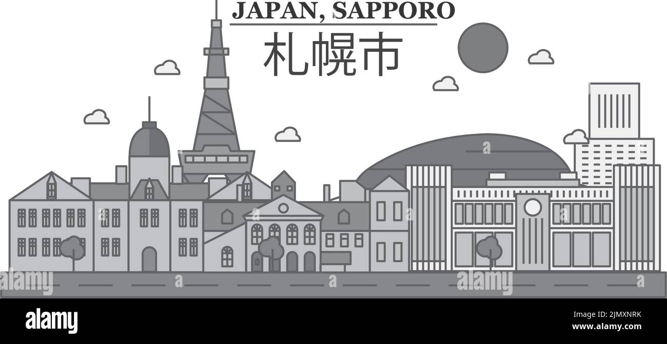 Giappone, Sapporo città skyline isolato vettore illustrazione, icone Illustrazione Vettoriale