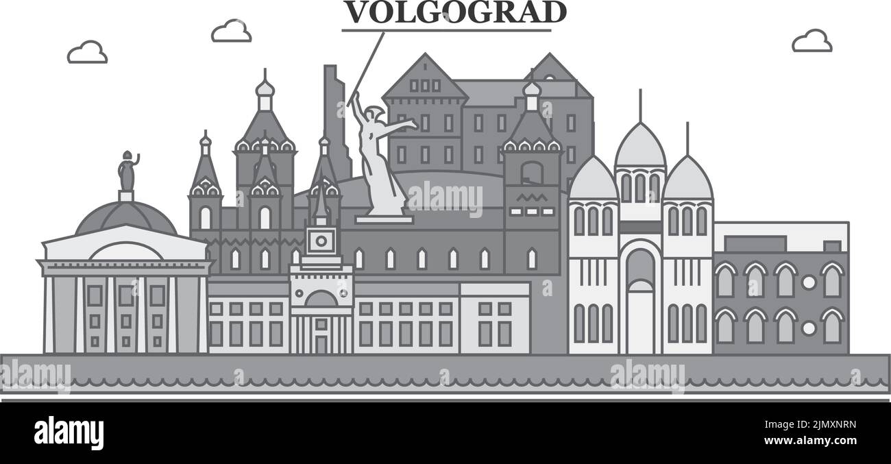 Russia, Volgograd città skyline isolato vettore illustrazione, icone Illustrazione Vettoriale