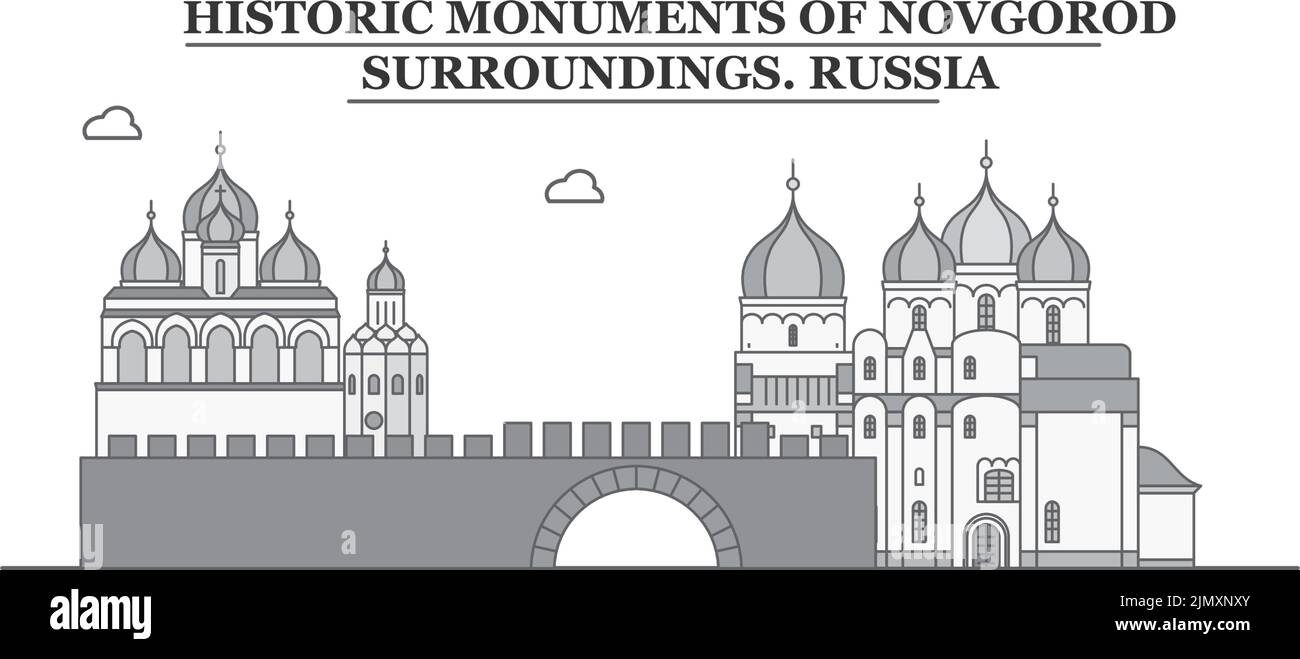 Russia, città di Novgorod skyline isolato vettore illustrazione, icone Illustrazione Vettoriale