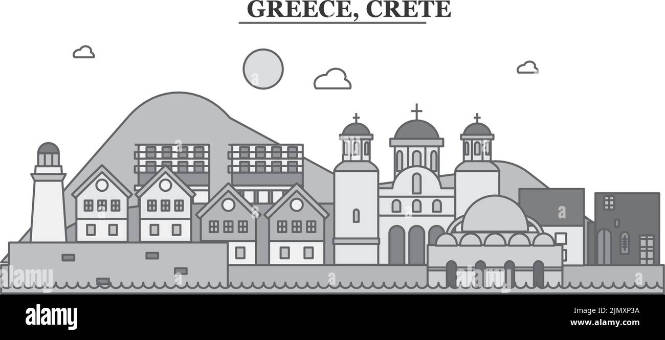 Grecia, città di Creta skyline isolato vettore illustrazione, icone Illustrazione Vettoriale