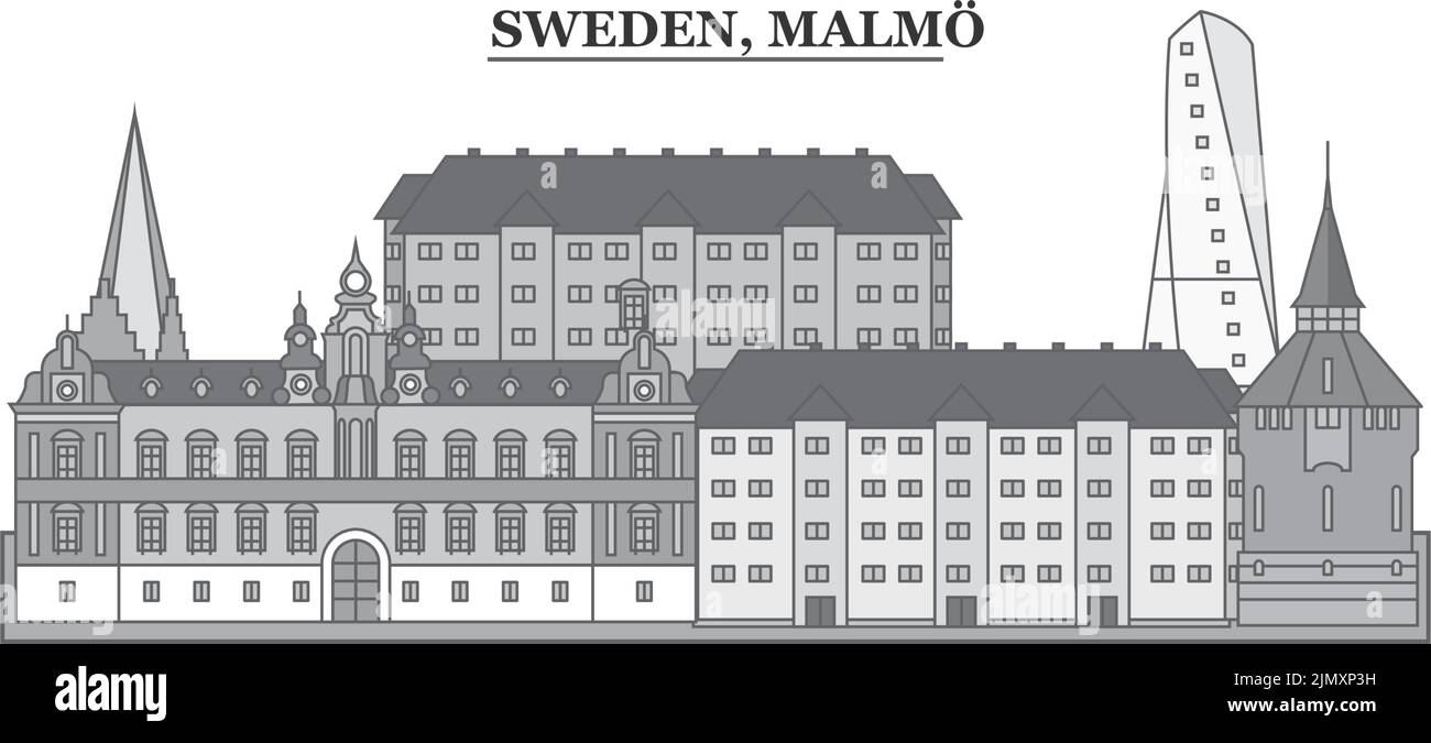 Svezia, Malmo città skyline isolato vettore illustrazione, icone Illustrazione Vettoriale