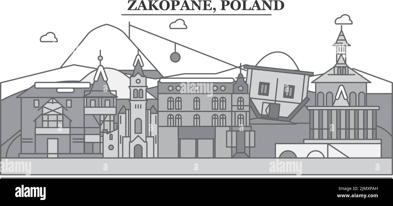 Polonia, Zakopane città skyline isolato vettore illustrazione, icone Illustrazione Vettoriale