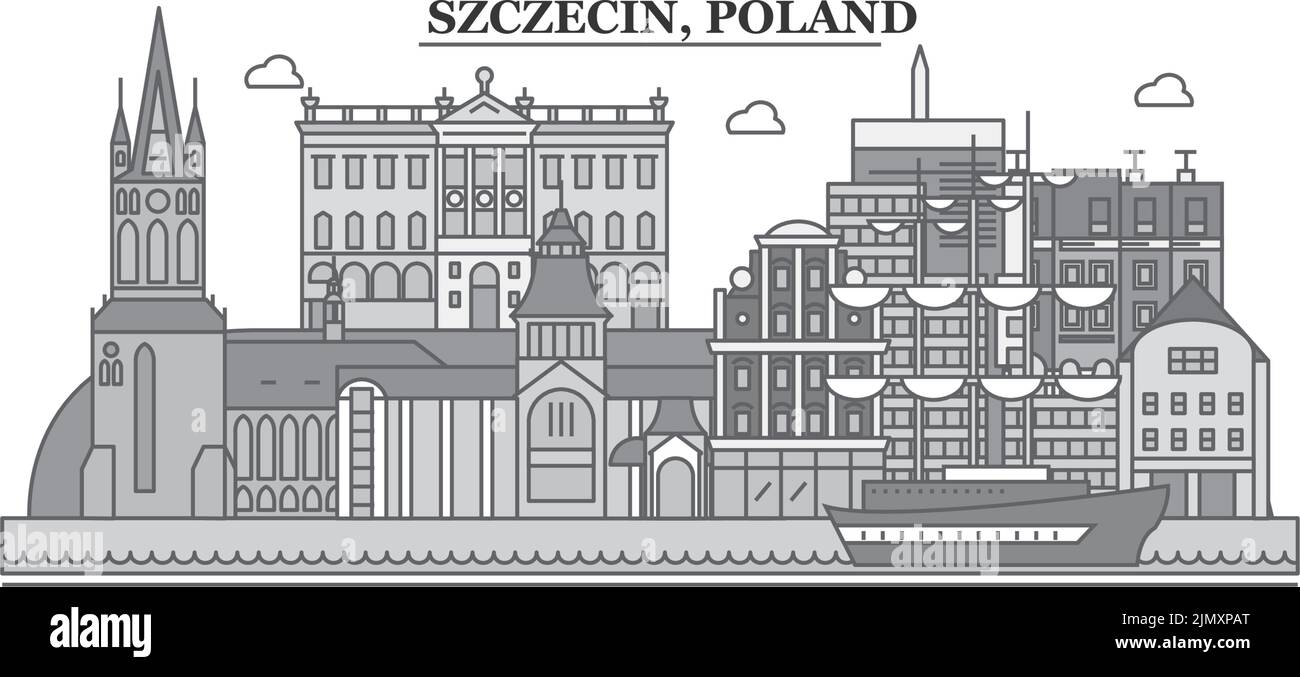 Polonia, Szczecin città skyline isolato vettore illustrazione, icone Illustrazione Vettoriale