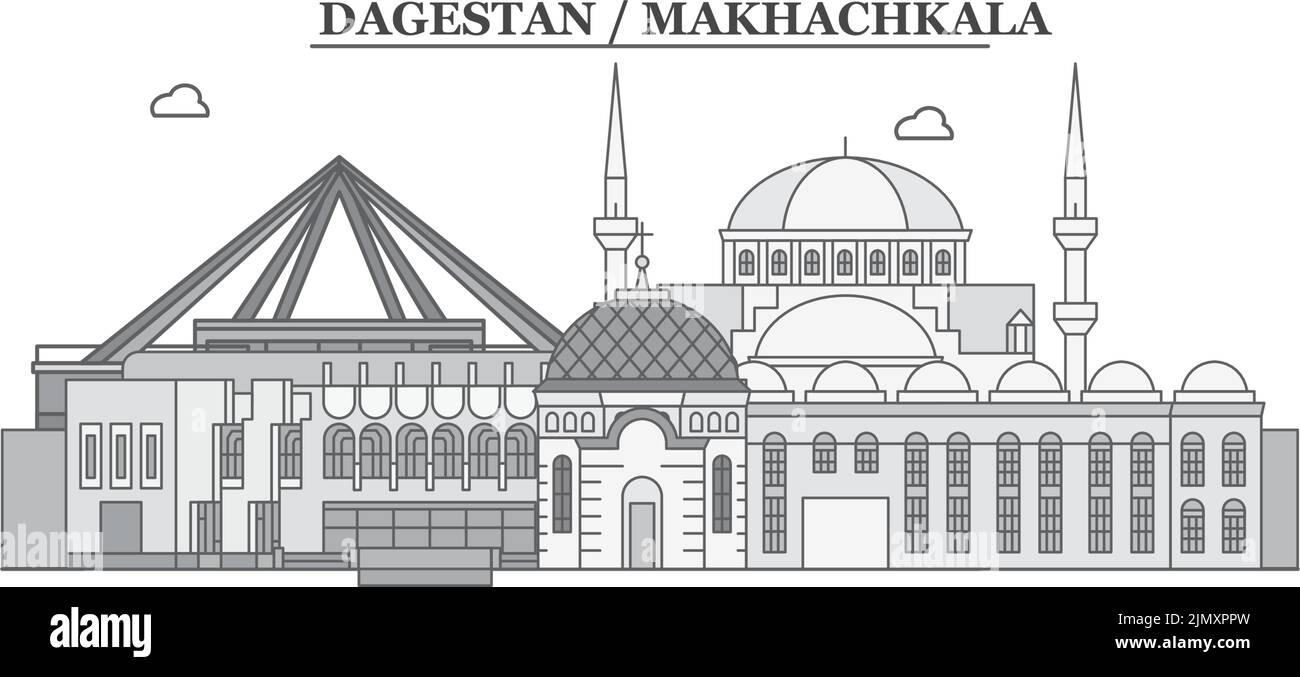 Russia, Makhachkala città skyline isolato vettore illustrazione, icone Illustrazione Vettoriale