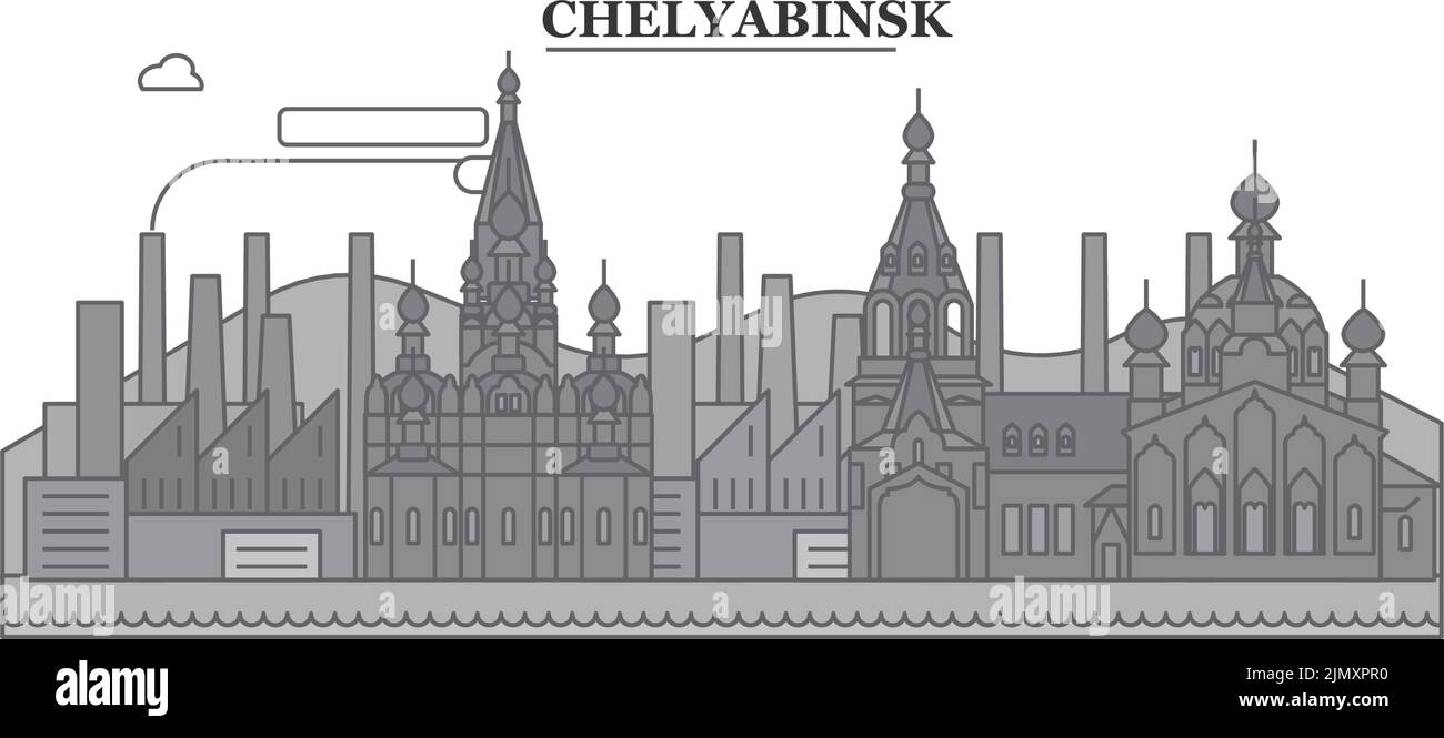 Russia, Chelyabinsk città skyline isolato vettore illustrazione, icone Illustrazione Vettoriale