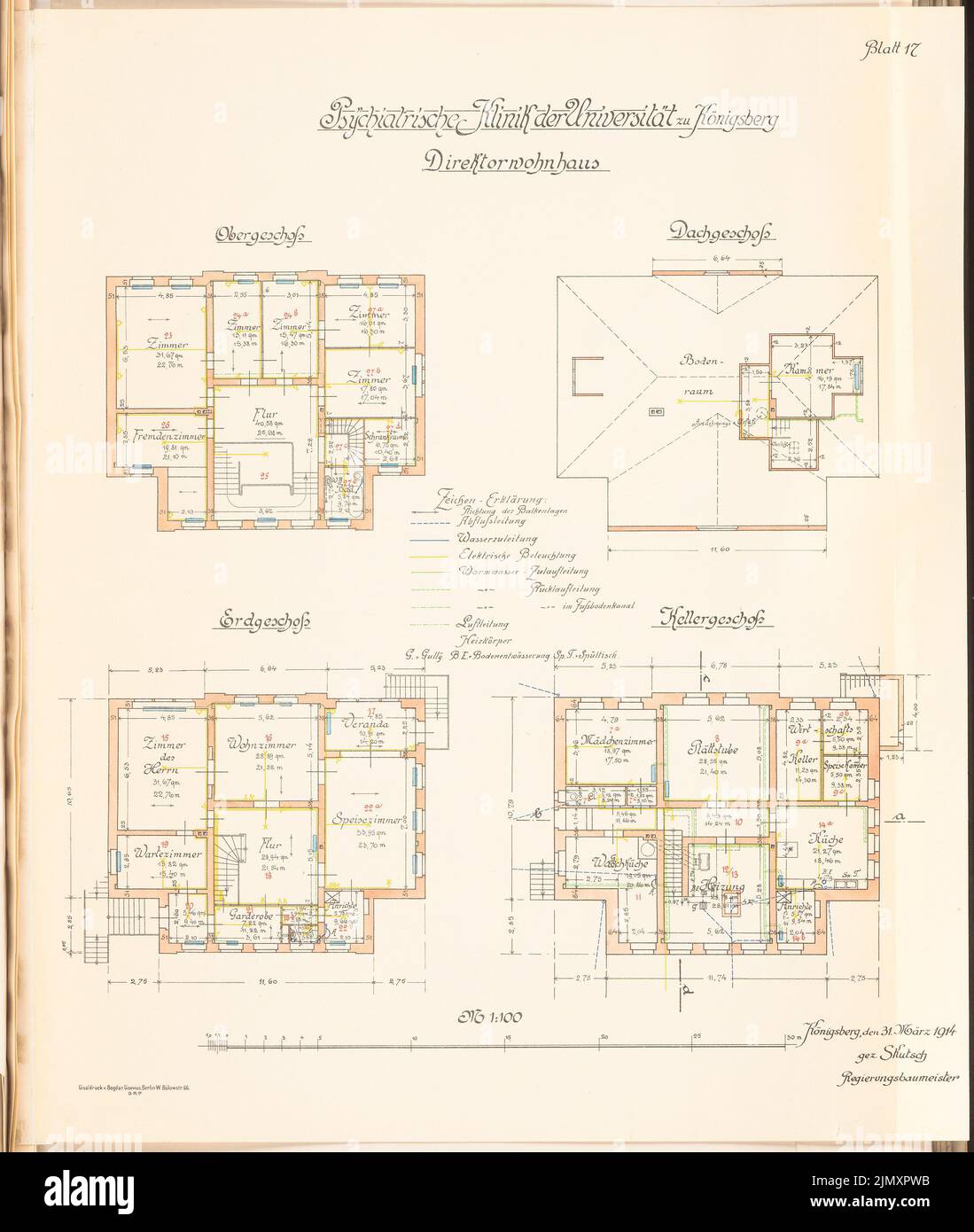 Clinica psichiatrica dell'Università Albertus Königsberg: Casa del Direttore: Grundrisse OG, EG, DG, KG 1: 100 Foto Stock