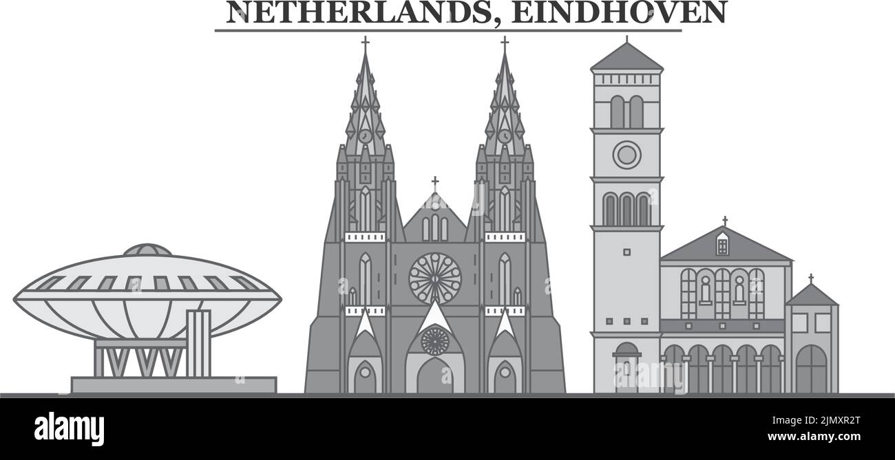 Paesi Bassi, città di Eindhoven skyline isolato vettore illustrazione, icone Illustrazione Vettoriale