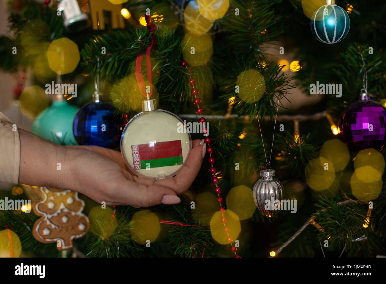 Una ragazza ha una decorazione su un albero di Natale con la bandiera della Bielorussia Foto Stock