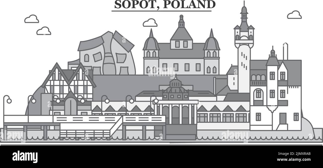 Polonia, Sopot città skyline isolato vettore illustrazione, icone Illustrazione Vettoriale