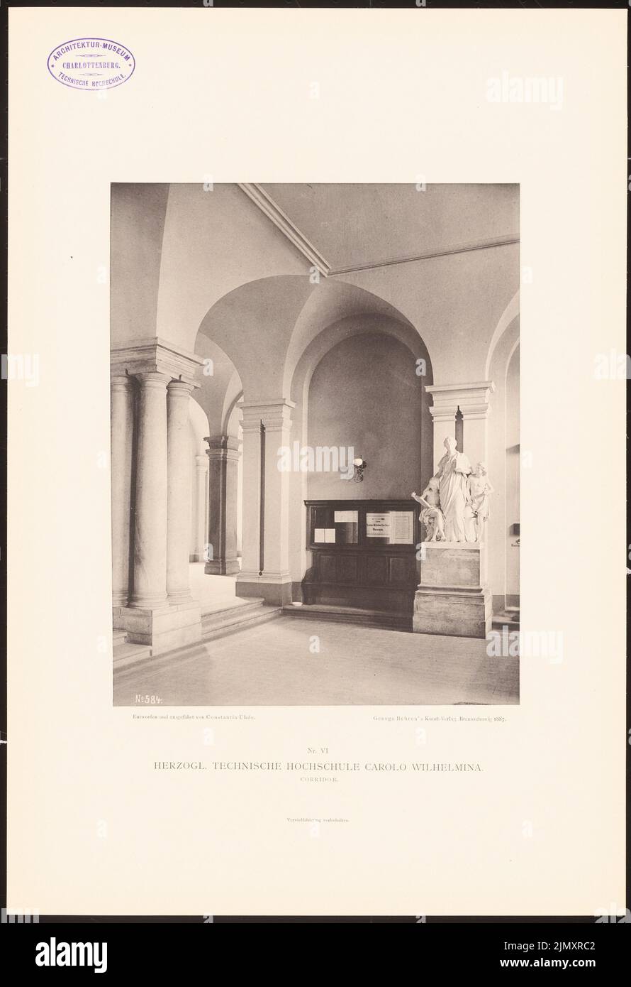 Uhde Constantin (1836-1905), Università tecnica Ducale Carolo Wilhelmina, Braunschweig. (Da: Edificio pubblico e privato, Braunschweig 1887) (1887-1887): Corridoio con vista interna. Leggera pressione sulla carta, 47,4 x 32,5 cm (inclusi i bordi di scansione) Foto Stock