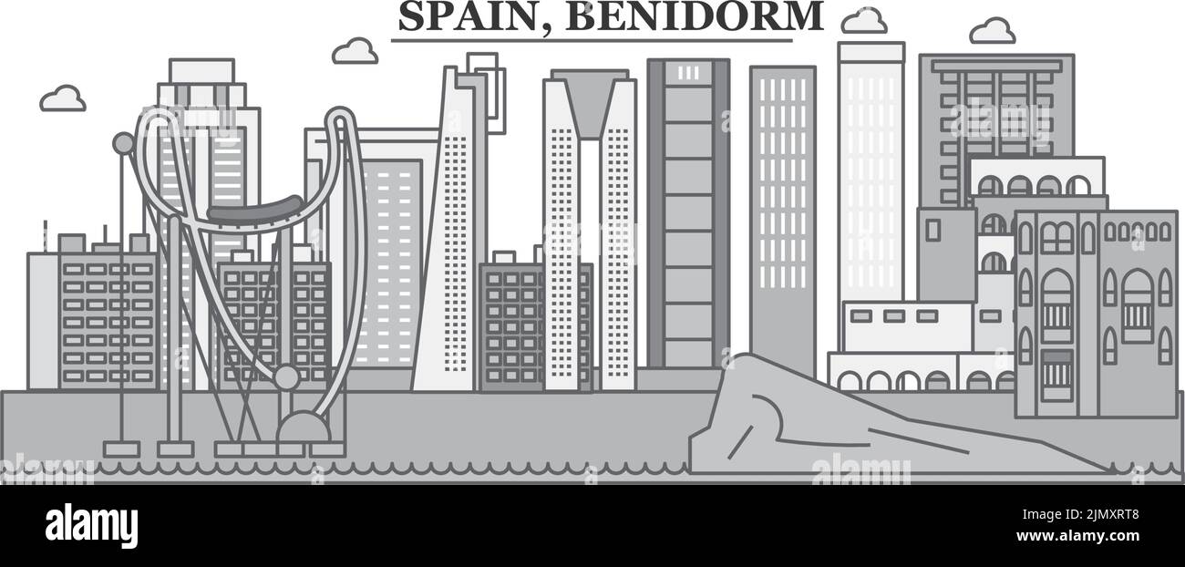 Spagna, città di Benidorm skyline isolato vettore illustrazione, icone Illustrazione Vettoriale