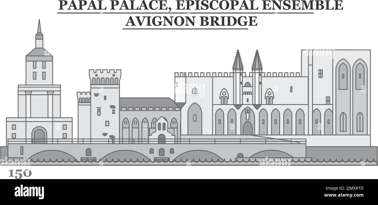 Francia, Palazzo Papale, Ensemble episcopale-Avignon Ponte città skyline isolato vettore illustrazione, icone Illustrazione Vettoriale