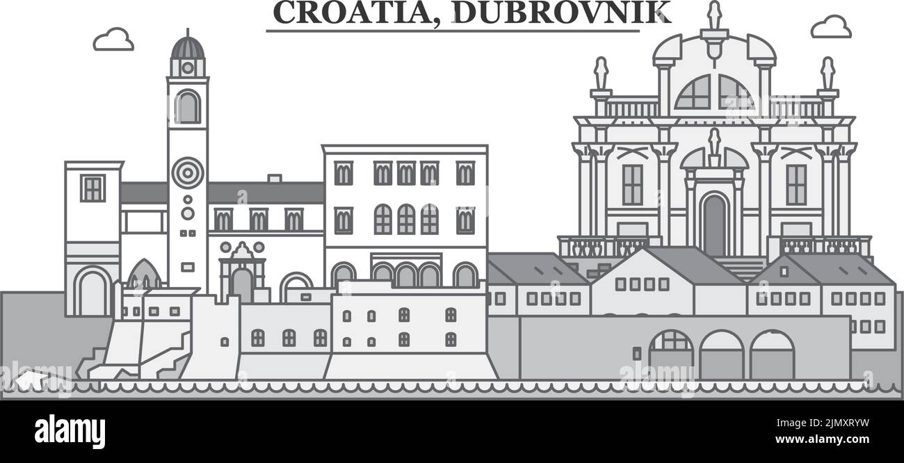 Croazia, città di Dubrovnik skyline isolato vettore illustrazione, icone Illustrazione Vettoriale