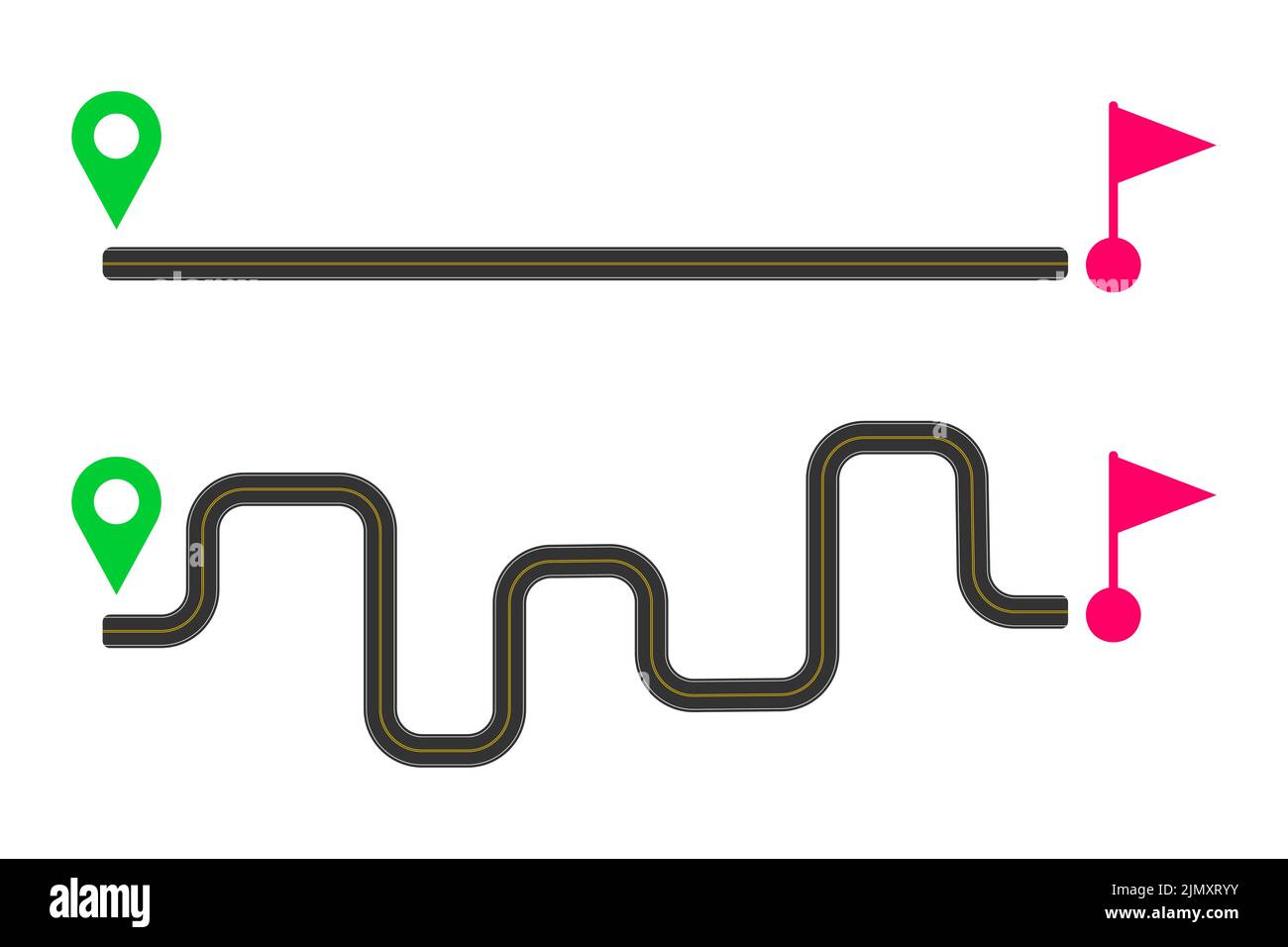 Strade dritte e curve con contrassegno dalla puntina della mappa iniziale al cartello con la bandiera finale. Facile e difficile, consegna rapida e lenta, percorso breve e lungo, concetto di piano ideale e reale. Illustrazione piatta vettoriale Illustrazione Vettoriale