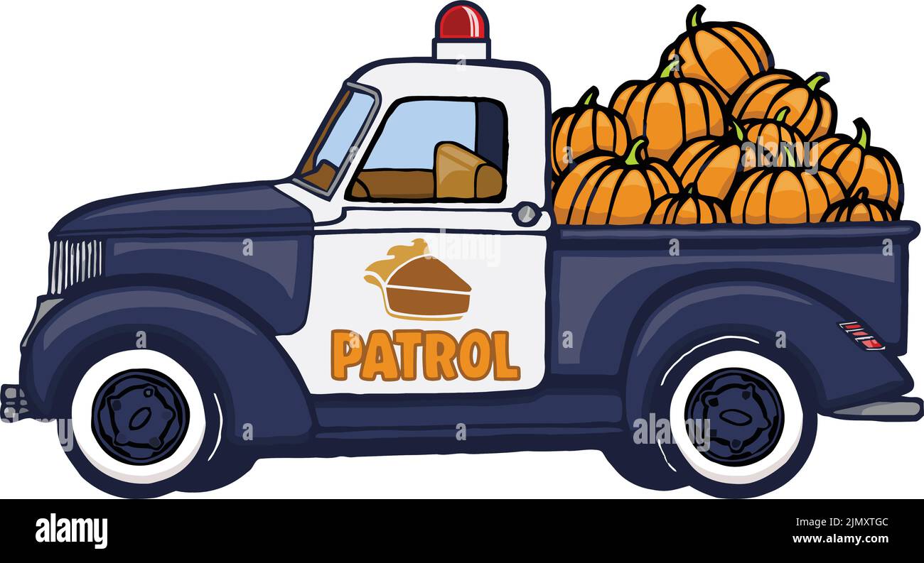 divertente camion di zucca con pattuglia torta Illustrazione Vettoriale