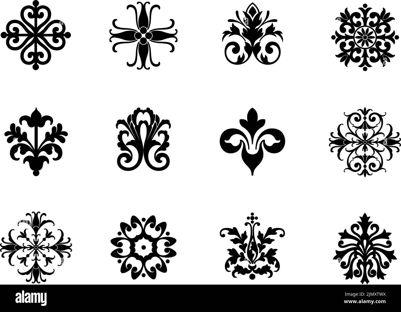 Un set di icone floreali ornamentali e medaglioni decorativi vintage vettoriali. Illustrazione Vettoriale