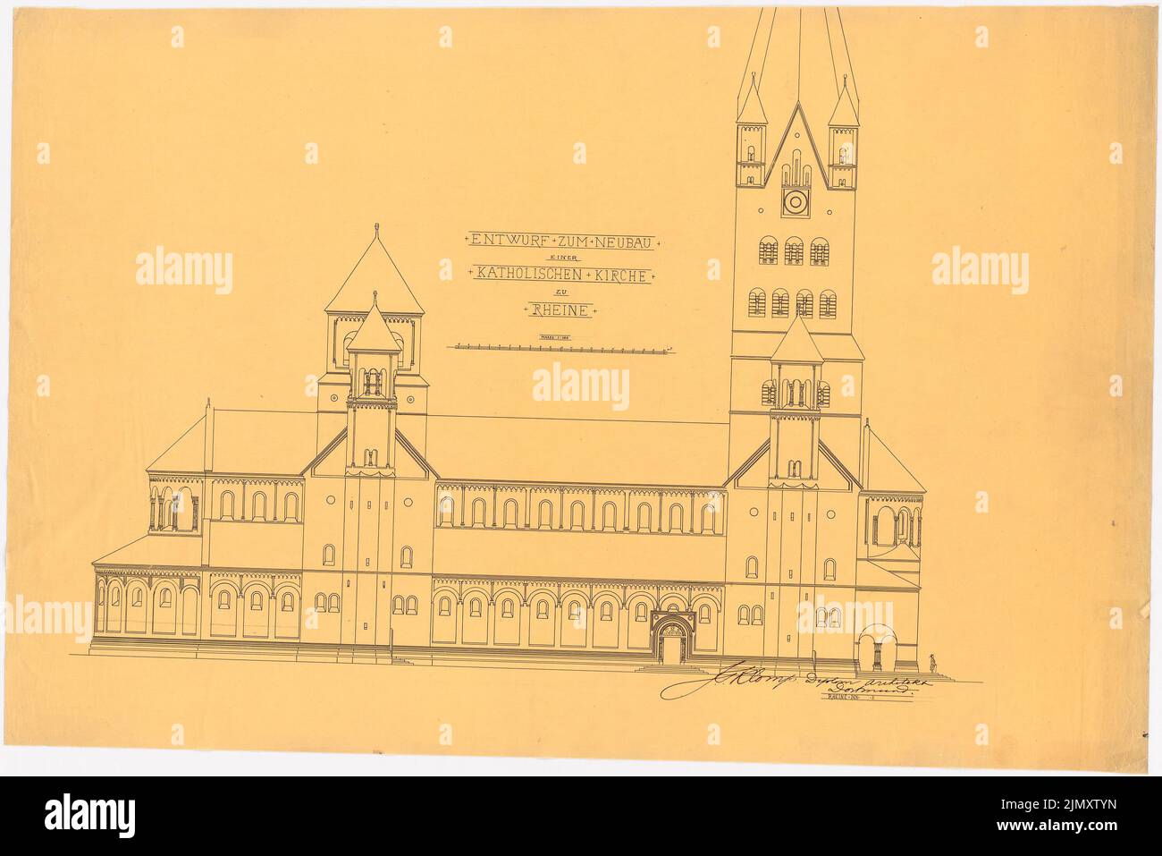 Klomp Johannes Franziskus (1865-1946), Sant'Antonio di Padova, Rheine (1899-1904): Vista nord (progetto preliminare) 1: 100. Inchiostro su trasparente, 74,7 x 111,9 cm (inclusi i bordi di scansione) Foto Stock