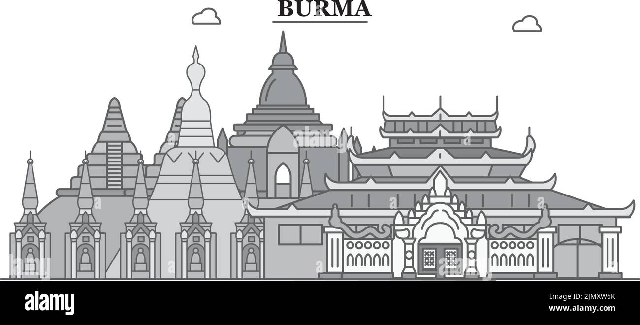 Città Birmania skyline isolato vettore illustrazione, icone Illustrazione Vettoriale