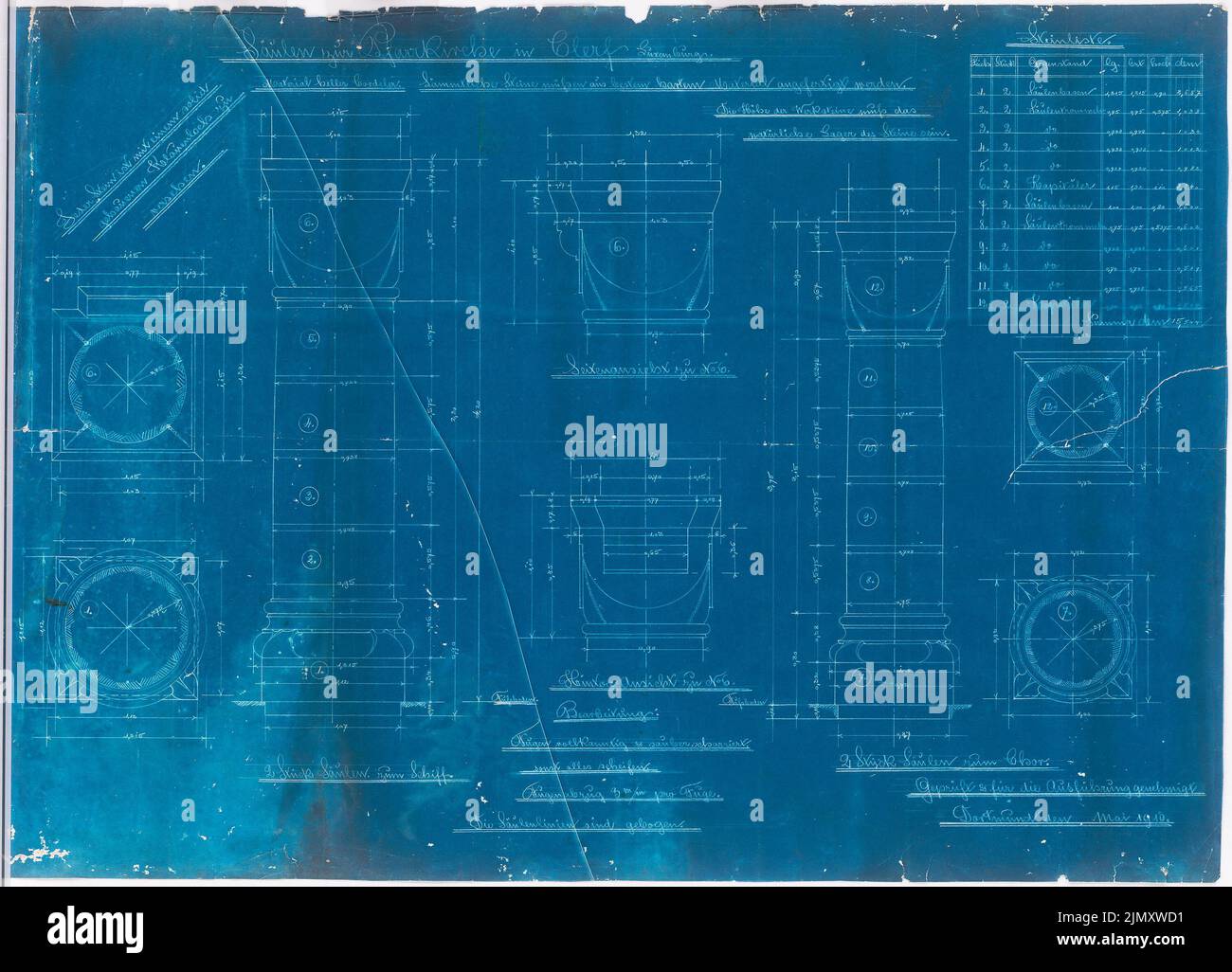 Klomp Johannes Franziskus (1865-1946), Dean's Church, Clerf (Cllervaux), Lussemburgo (05,1910): Dettagli delle colonne nella nave e nel coro. Blueprint su carta, 68,2 x 94,7 cm (inclusi i bordi di scansione) Foto Stock