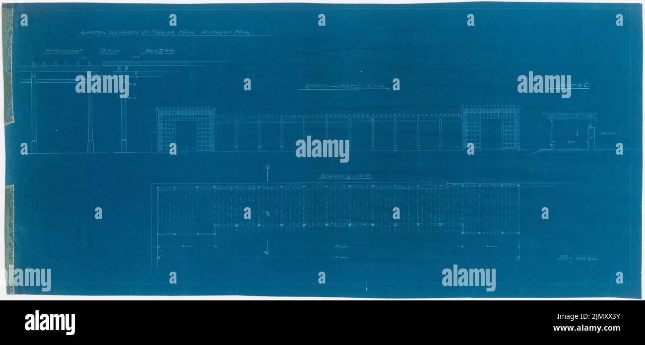 Encke Friedrich August (1861-1931), Garten Fischer, Colonia (11,1912): Pianta, viste, tagli 1:50, 1:20. Blueprint su carta, 41,1 x 88,1 cm (inclusi i bordi di scansione) Foto Stock