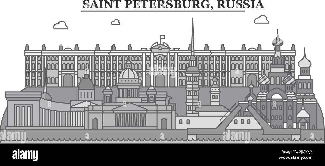 Russia, città di San Pietroburgo skyline isolato vettore illustrazione, icone Illustrazione Vettoriale