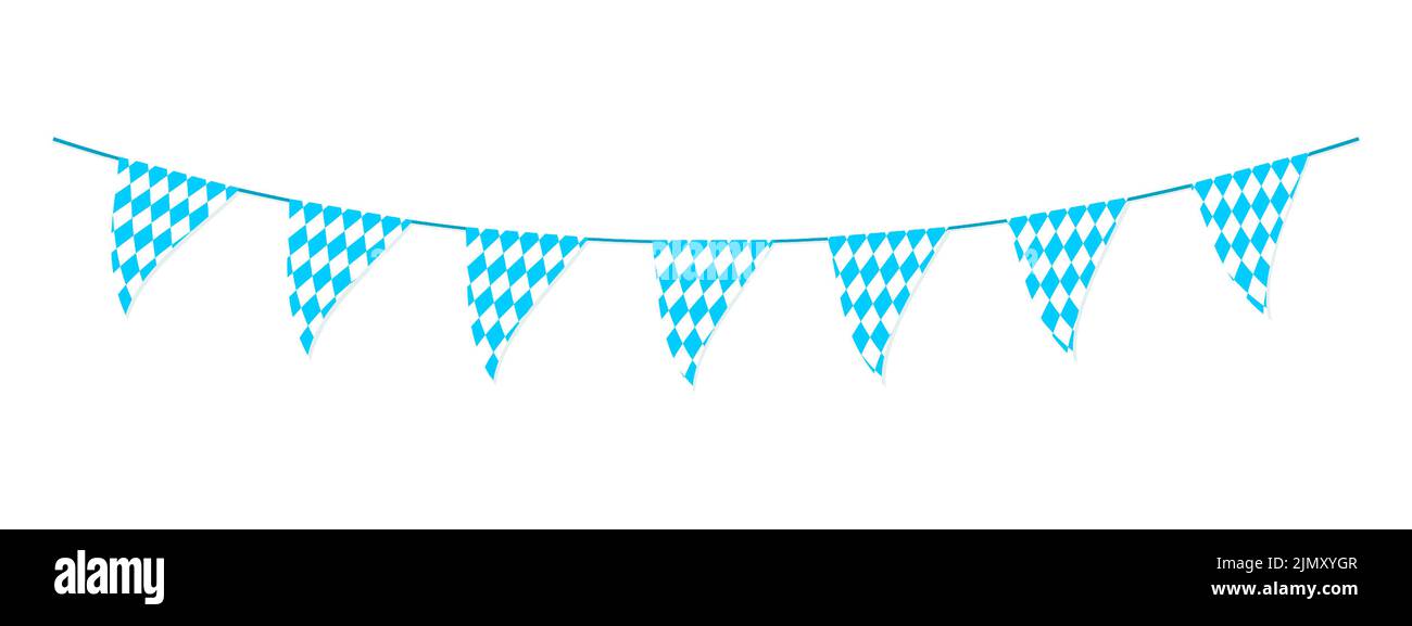 Bunting Oktoberfest in colori bavaresi tradizionali. Garland con le bandiere che sventolano nel vento sul festival tedesco della birra con il motivo del rombo blu e bianco. Decorazione per feste, biglietti, poster, banner Illustrazione Vettoriale