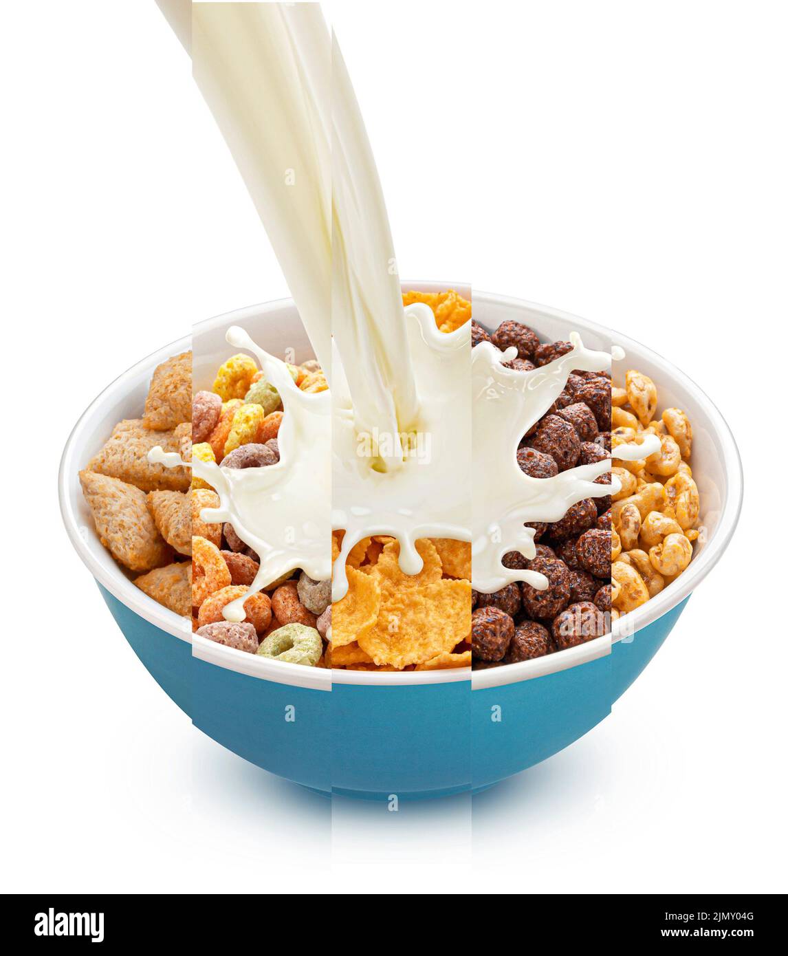 Collage per la colazione a base di cereali, granola e fiocchi di mais con latte in pezzatura Foto Stock