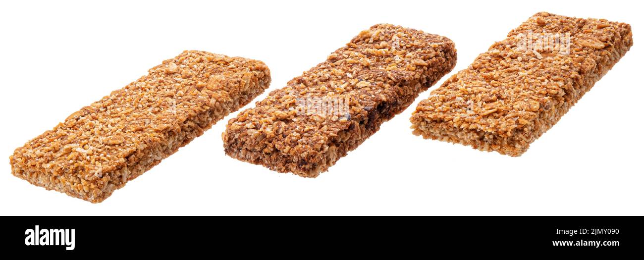 Barrette di cereali isolate su sfondo bianco Foto Stock
