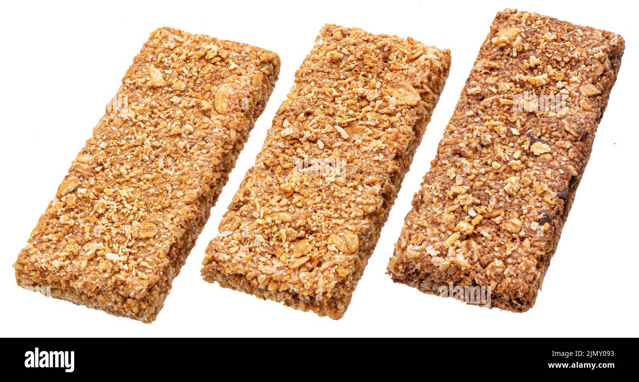 Barrette di cereali isolate su sfondo bianco Foto Stock