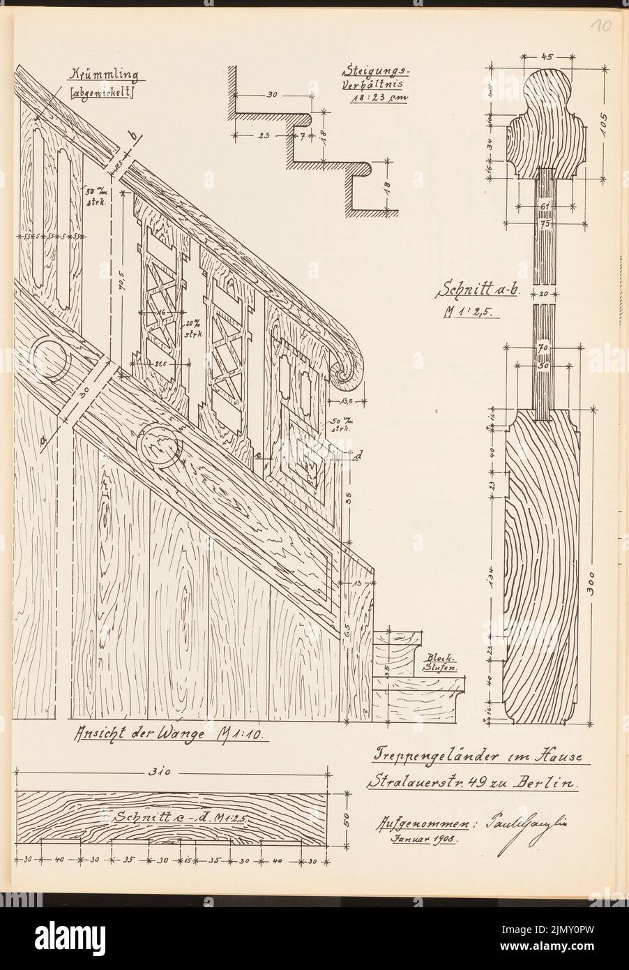 Gauglin Paul, ringhiera per scale Stralauer Straße 49, Berlino. (Da: Architecton. Schizzi da Alt-Berlino, ed. Akad. Architects Association, 3rd F., H. 30, Berlino 1909.) (1909-1909): Vista, sezioni trasversali, dettagli. Leggera pressione sulla carta, 34,6 x 24 cm (inclusi i bordi di scansione) Foto Stock