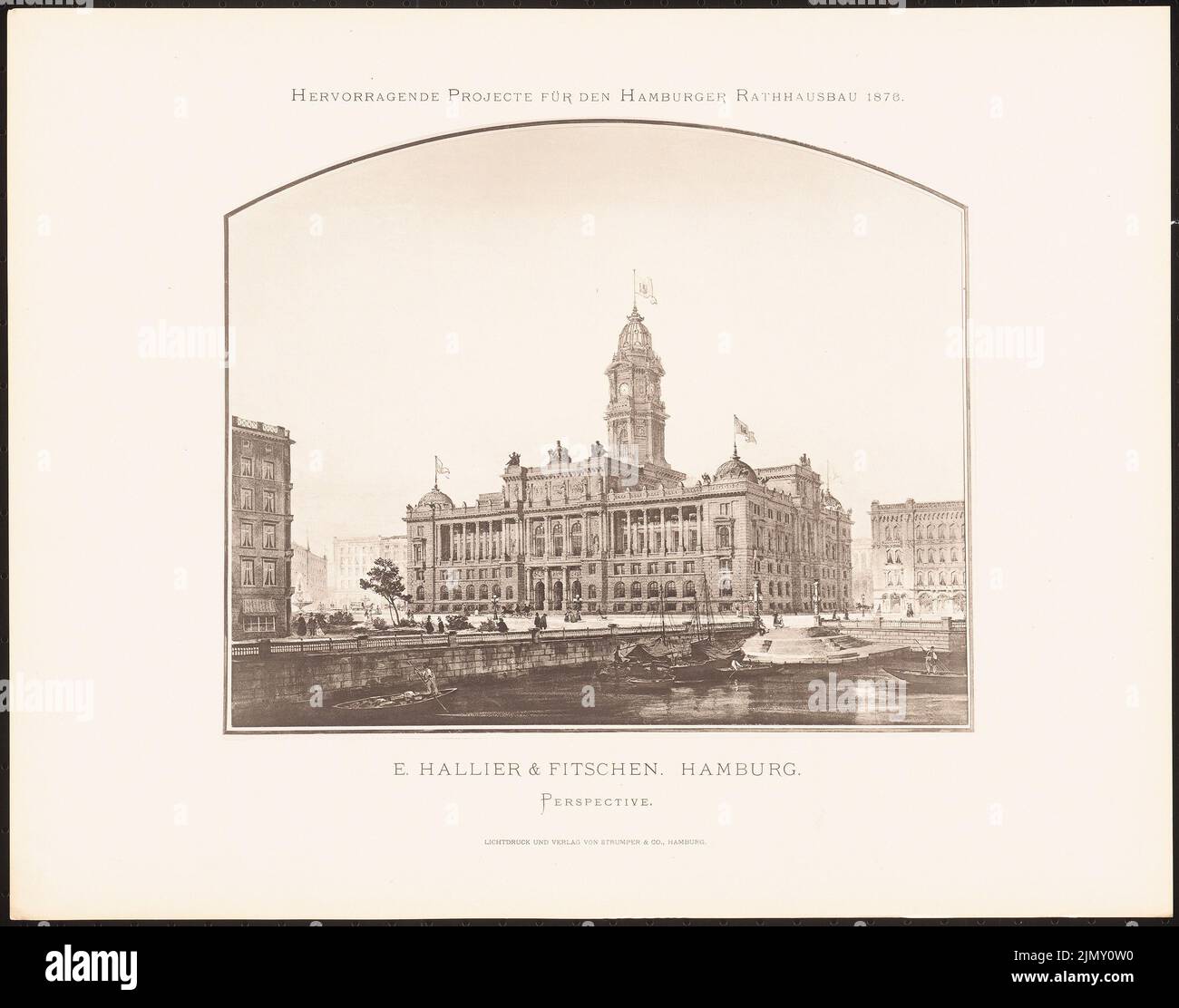 Hallier & Fitschen, progetti eccellenti per la costruzione del municipio di Amburgo nel 1876 (1876-1876): Vista prospettica. Leggera pressione sulla carta, 35,2 x 44,8 cm (inclusi i bordi di scansione) Foto Stock